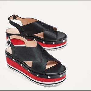 Zara NWT platform red and black sandal with studs